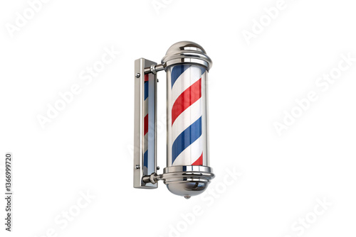 A traditional barber shop pole in polished chrome housing. The familiar red, white, and blue stripes spiral, representing the historic art of barbering and grooming, isolated on transparent background
