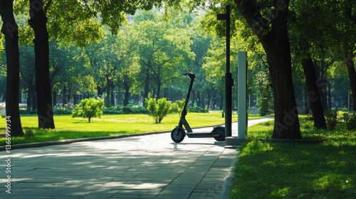 Electric scooter charging at a city station near a park, urban environment with green spaces and trees, Eco-tech style