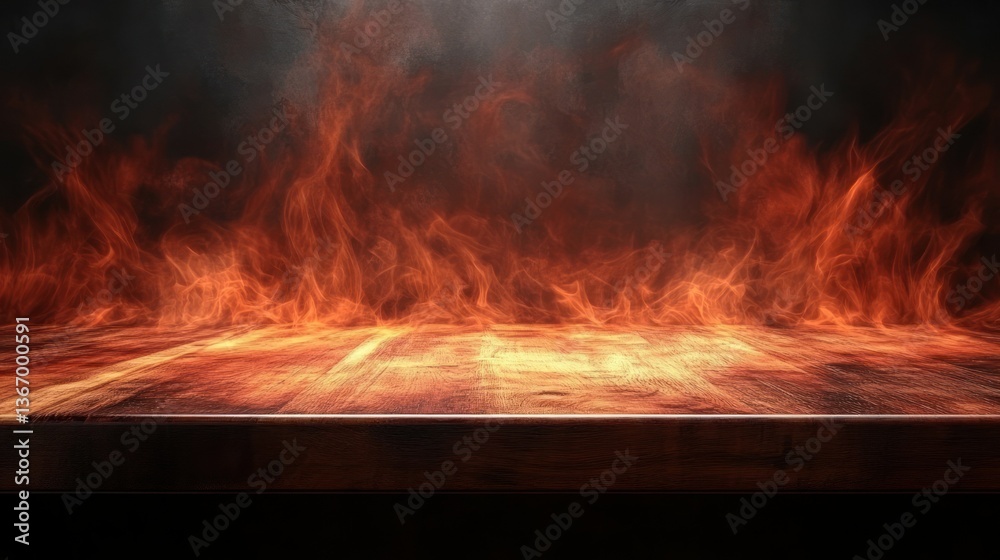 Fototapeta premium Fiery Inferno: Wooden Tabletop Against a Wall of Flames