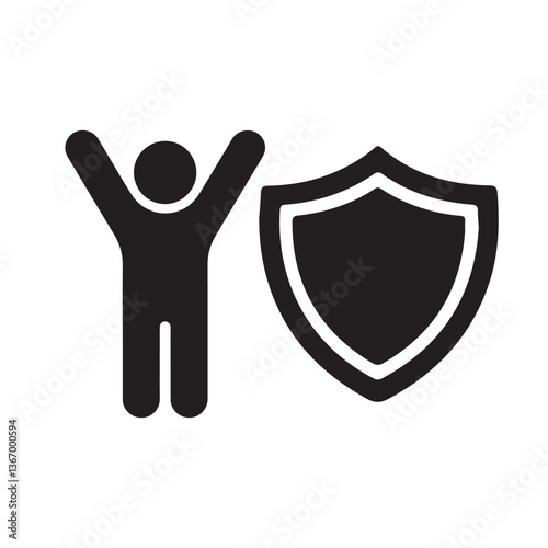 Black Icon of Person with Raised Arms and Shield Symbol
