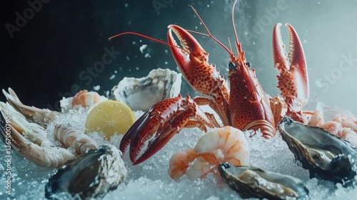 Fresh Lobster and Seafood Display on Ice with Oysters and Lemon