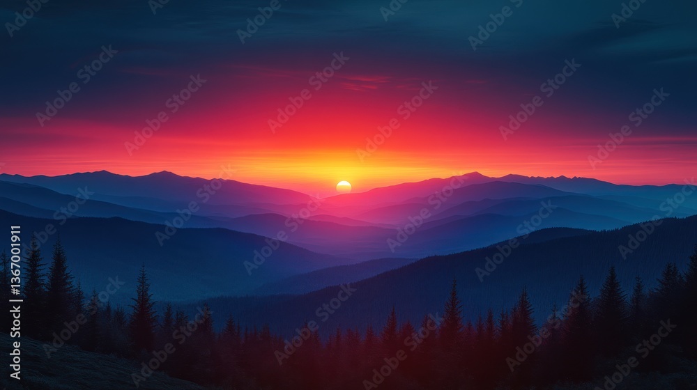 Obraz premium Mountain Sunrise, vibrant colors, silhouette trees, misty peaks
