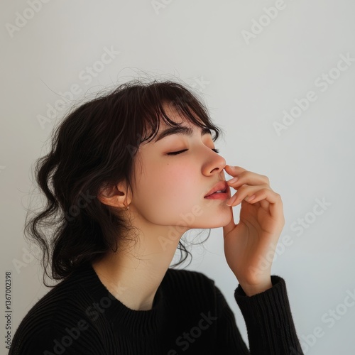 woman holding her nose, expression of discomfort

