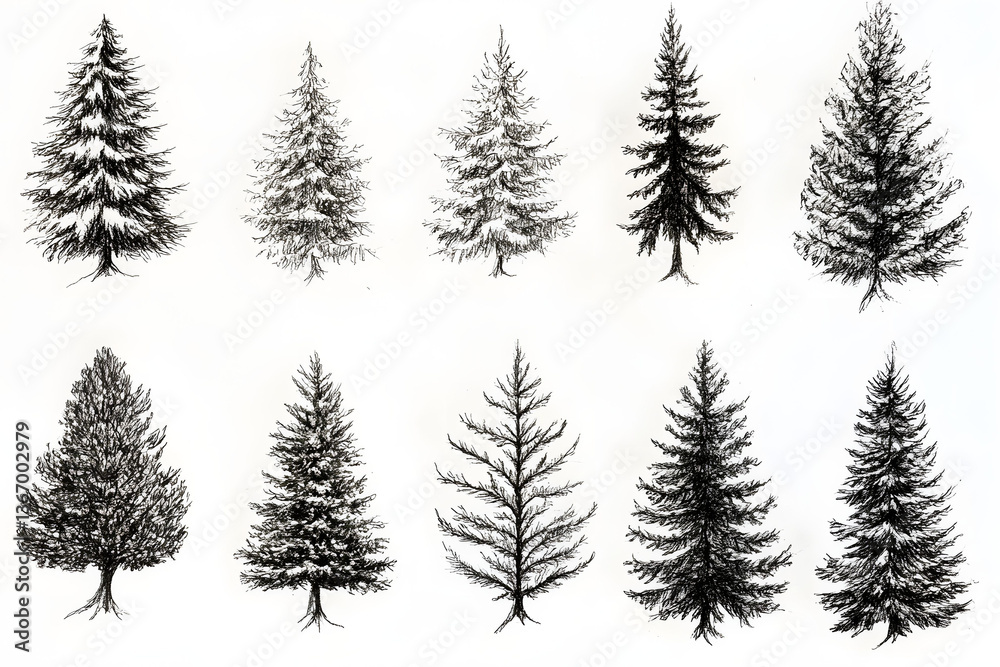 Ten Detailed Ink Drawings of Evergreen Trees Ten Detailed Ink Drawings of Evergreen Trees