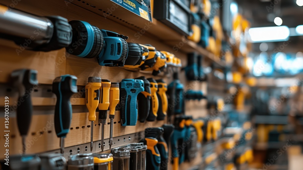 Naklejka premium Hardware Store Power Tool Display: A Showcase of Drills, Screwdrivers, and Other Tools
