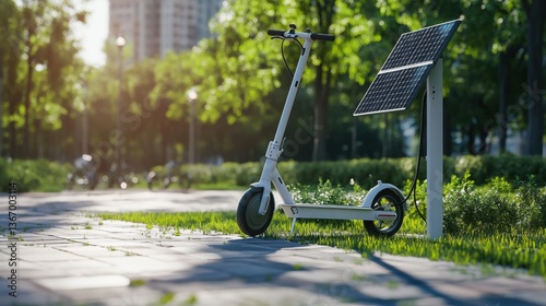 Electric scooter charging at a sustainable charging station in a smart city park, eco-friendly city park with renewable energy-powered charging stations for electric scooters, Eco-tech style