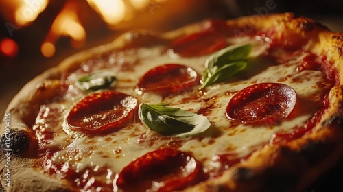 Delicious Pepperoni Pizza with Fresh Basil on Table Near a Warm Fire
