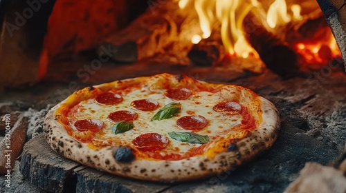 Delicious Pizza with Pepperoni and Basil Baked in Wood Fired Oven