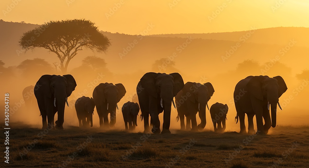 Fototapeta premium African Elephants at Sunset: A Majestic Silhouette