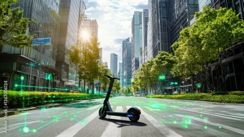 Electric scooter riding through a smart city with autonomous traffic signals and green infrastructure, futuristic city with eco-friendly urban design and digital traffic signals, Eco-tech style