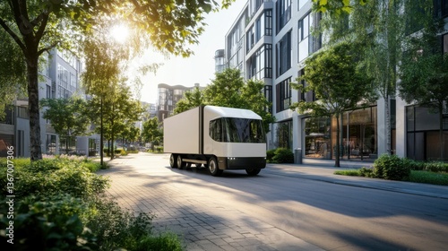Electric truck delivering goods in a city, busy urban street with modern buildings and green parks, Eco-tech style