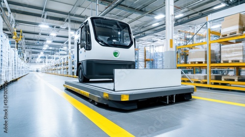 Electric truck loading goods at a distribution center, large logistics warehouse with modern equipment, Eco-tech style