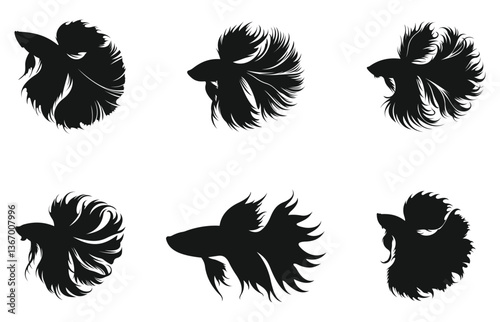 Betta (Siamese Fighting Fish) Silhouette Vector Art and Black Betta Fish Design Illustration set