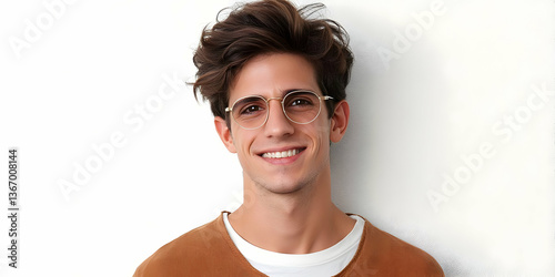 Photo of a Smiling Young Man Wearing Eyeglasses with White Background