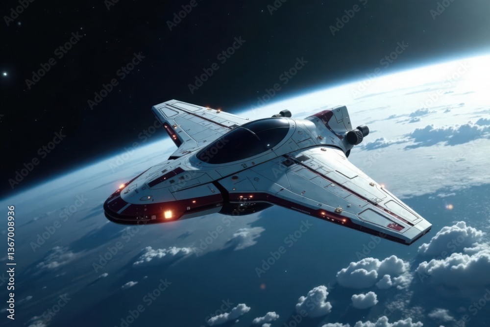 Futuristic spacecraft orbiting a white planet, with metallic hull and solar panels , spacecraft, galaxy Futuristic spacecraft orbiting a white planet, with metallic hull and solar panels , spacecraft, galaxy