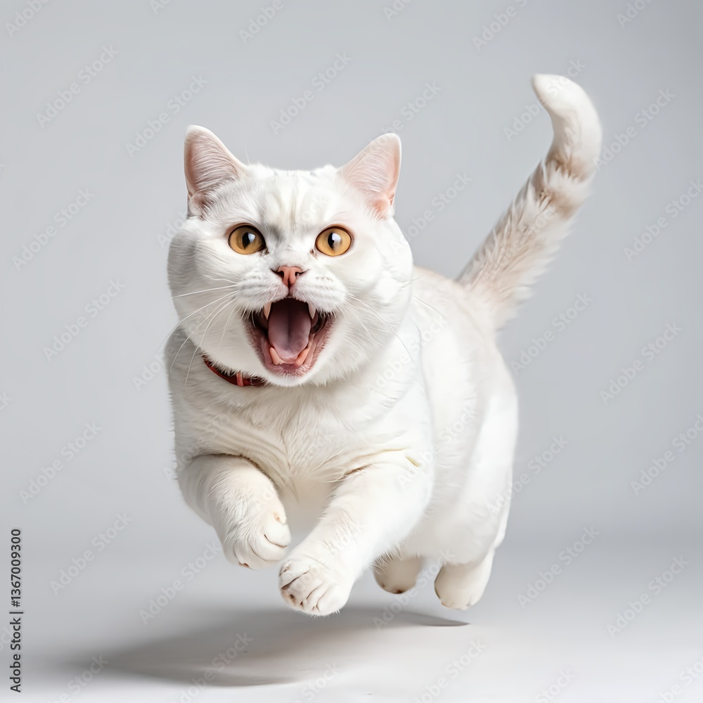 Fototapeta premium White Cat in Mid-Air Leap