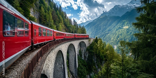 a red train on a bridge over a cliff