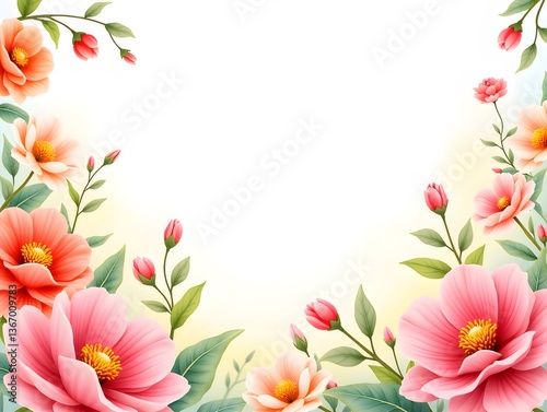 Pink and Orange Flowers Frame on White Background