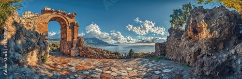 Ancient Archway Overlooking Coastal Landscape