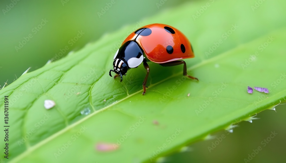 Naklejka premium Close-up of a vibrant ladybug on a bright green leaf, showcasing intricate details of its shell and legs.