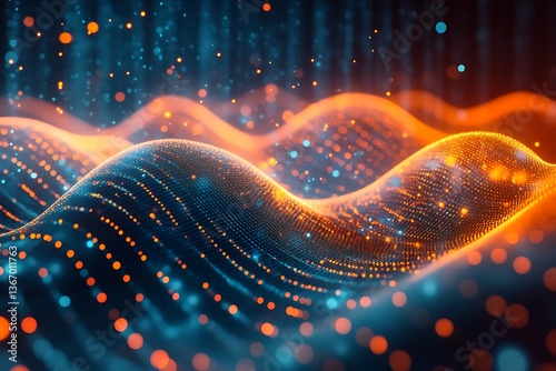 A dynamic sine wave representing fluctuating marketing trends in a bright, abstract digital landscape