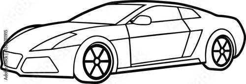 High speed car outline coloring book page, car line art vector icon
