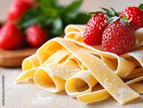 Fresh pasta with strawberries and powdered sugar on a wooden surface.