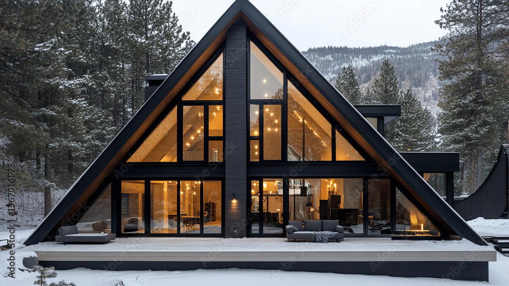 Fototapeta premium frame house with large windows in snowy forest setting