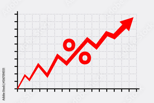 Business graph with red arrow moving up and percent sign