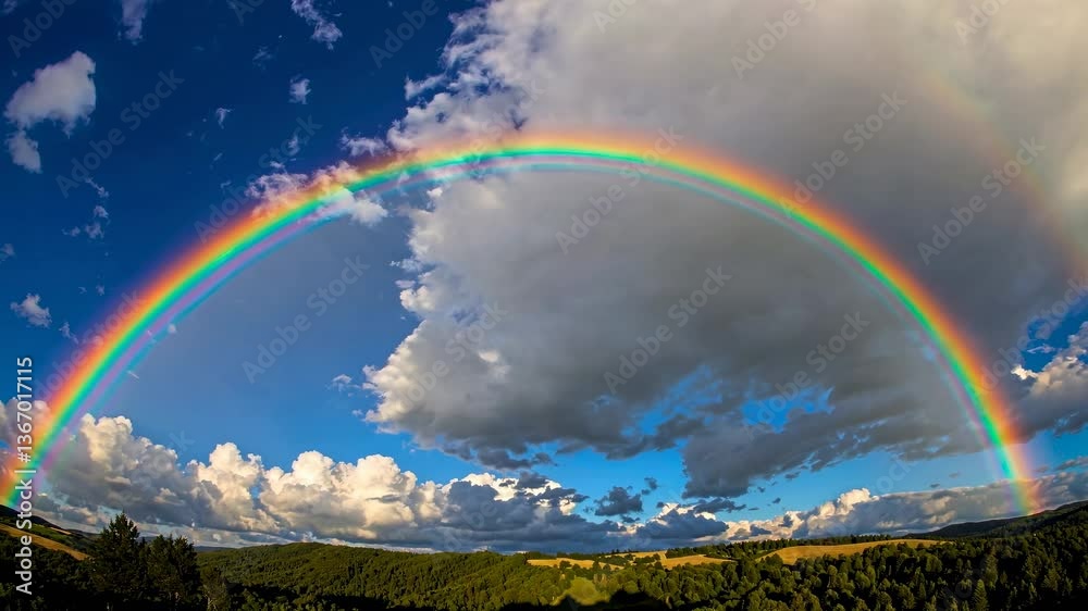 A wide-angle video captures a vibrant rainbow arching over a lush landscape, with dramatic clouds against a bright blue sky, creating a serene atmosphere.