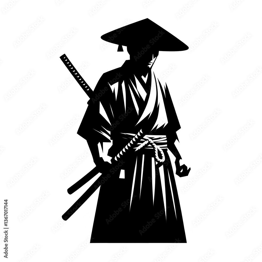 Obraz premium Isolated black and white vector illustration of a wandering samurai villager on a white background.