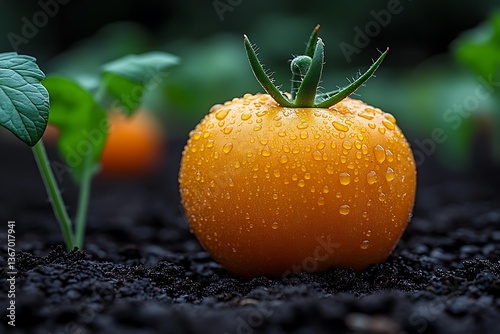 Ripe yellow tomato on soil with seedlings.