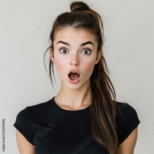 brunette girl in disbelief, looking surprised

