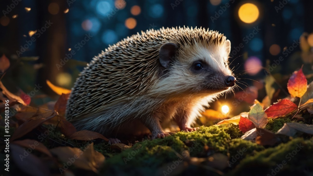 Fototapeta premium Hedgehog foraging among fallen leaves in warm backlight forest scene