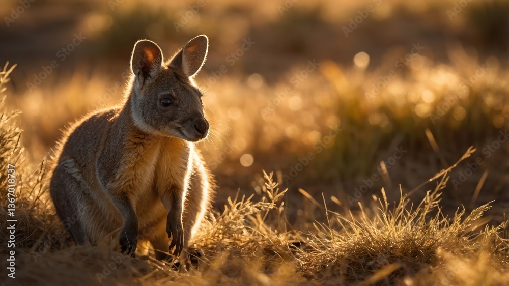 Wallaby Sitting in Golden Grass at Sunset Wildlife Scene Wallaby Sitting in Golden Grass at Sunset Wildlife Scene