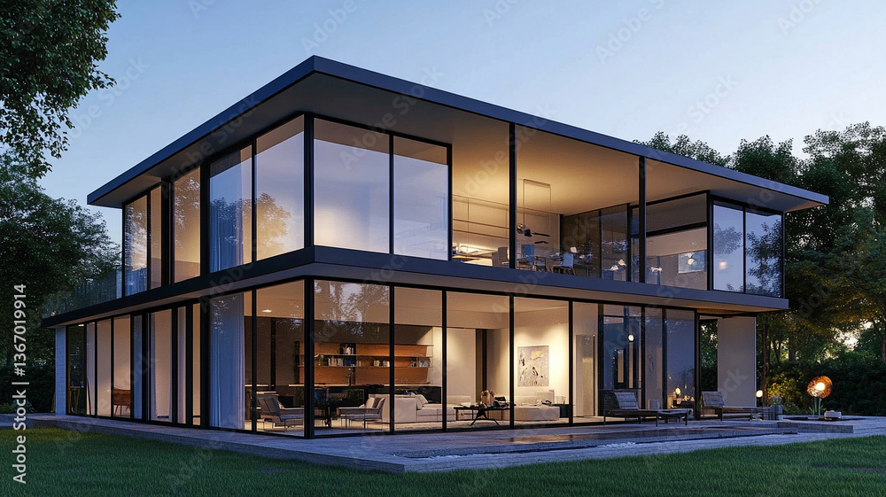 Fototapeta premium Modern glass house with full height windows surrounded by trees