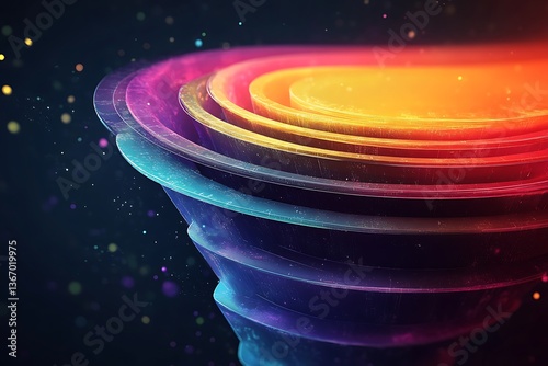 A graphical representation of a marketing funnel with vibrant layers showing different strategic inputs