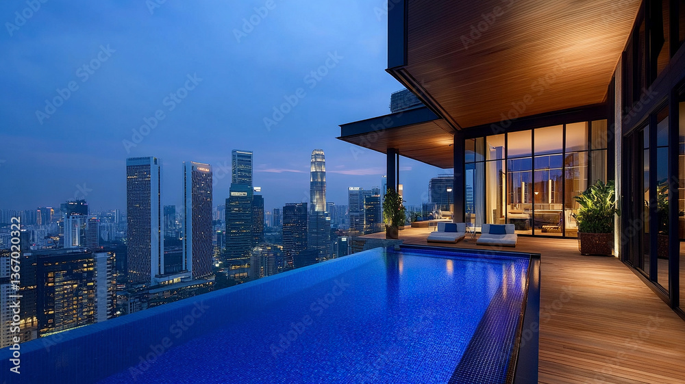 Naklejka premium Luxurious rooftop residence with infinity pool and city skyline view