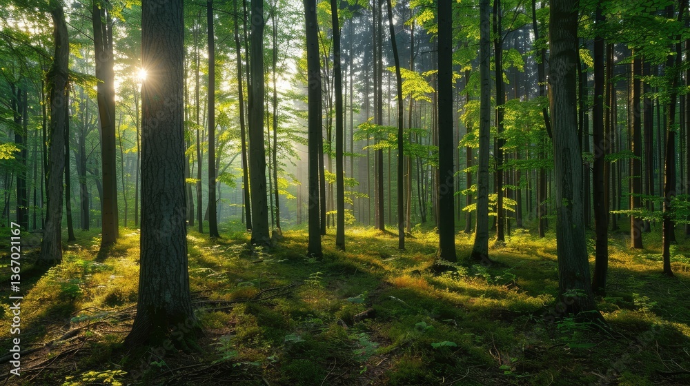 Fototapeta premium Serene Sunrise in Lush Forest