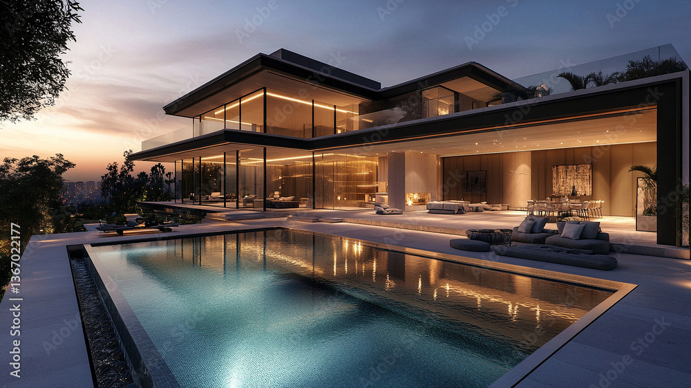 Fototapeta premium Modern luxury mansion with rooftop infinity pool at sunset