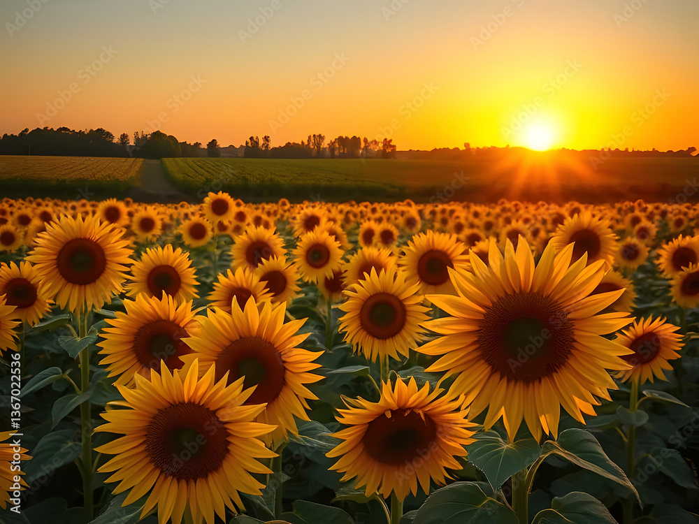 Fototapeta premium Stunning Sunset Over Sunflower Field Vibrant Landscape, Golden Hour, Rural Scenery, Agricultural Beauty.
