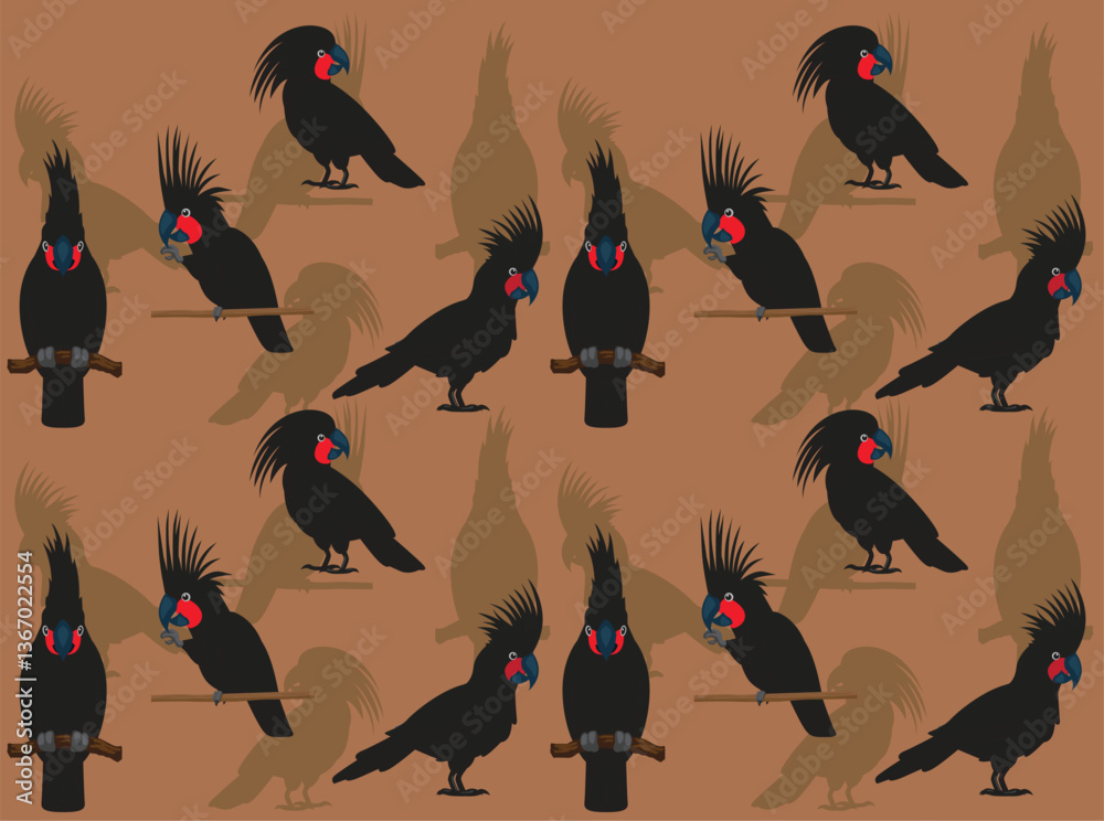 Obraz premium Black Cockatoo Palm Parrot Bird Exotic Pet Cartoon Character Seamless Wallpaper Background