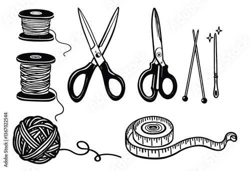 A set of sewing tools including scissors, a tape measure, and a spool of thread