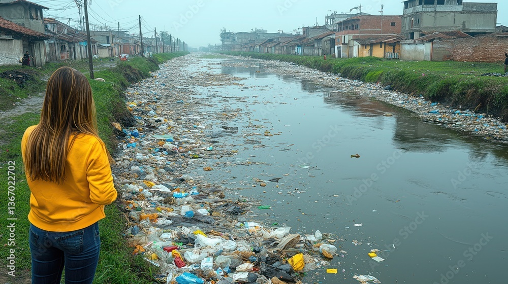 Obraz premium Polluted river with plastic waste and debris, as a community unites for cleanup efforts