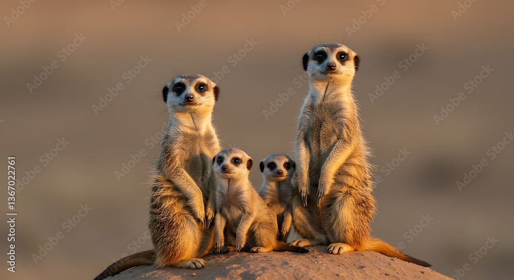 Fototapeta premium Golden Hour Meerkat Family Portrait: A Stunning Wildlife Photography