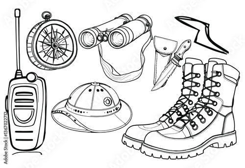 A drawing of a compass, binoculars, and a radio