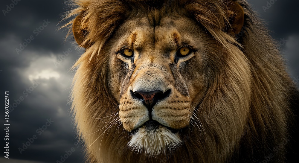 Fototapeta premium Majestic Lion Portrait Against a Stormy Sky