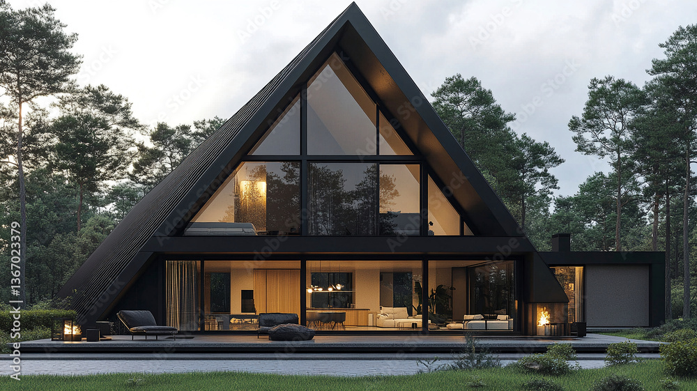 Fototapeta premium Modern frame house with black steel roof in forest setting