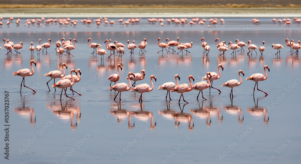 Fototapeta premium Majestic Flamingos Reflecting on Serene Waters