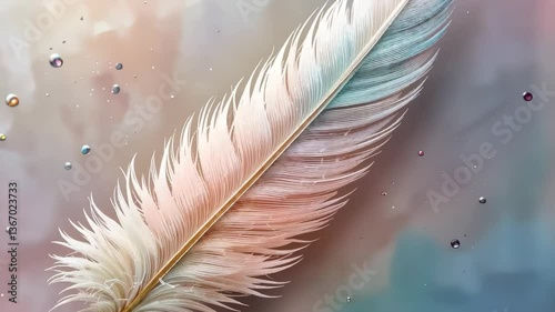 Detailed Macro Shot of a White Feather with a Soft Pastel Background and Ethereal Lighting Effects